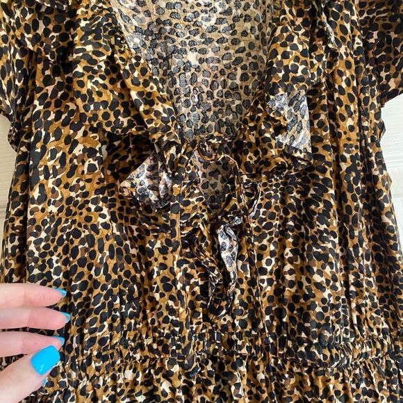 Old Navy large black brown Wasit defined ruffle trim mini dress cheetah animal - Picture 5 of 10